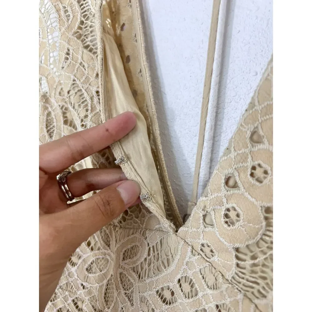 Free People Cream Lace Deep V Open Back Mini Dress Size 2 Boho Bridal